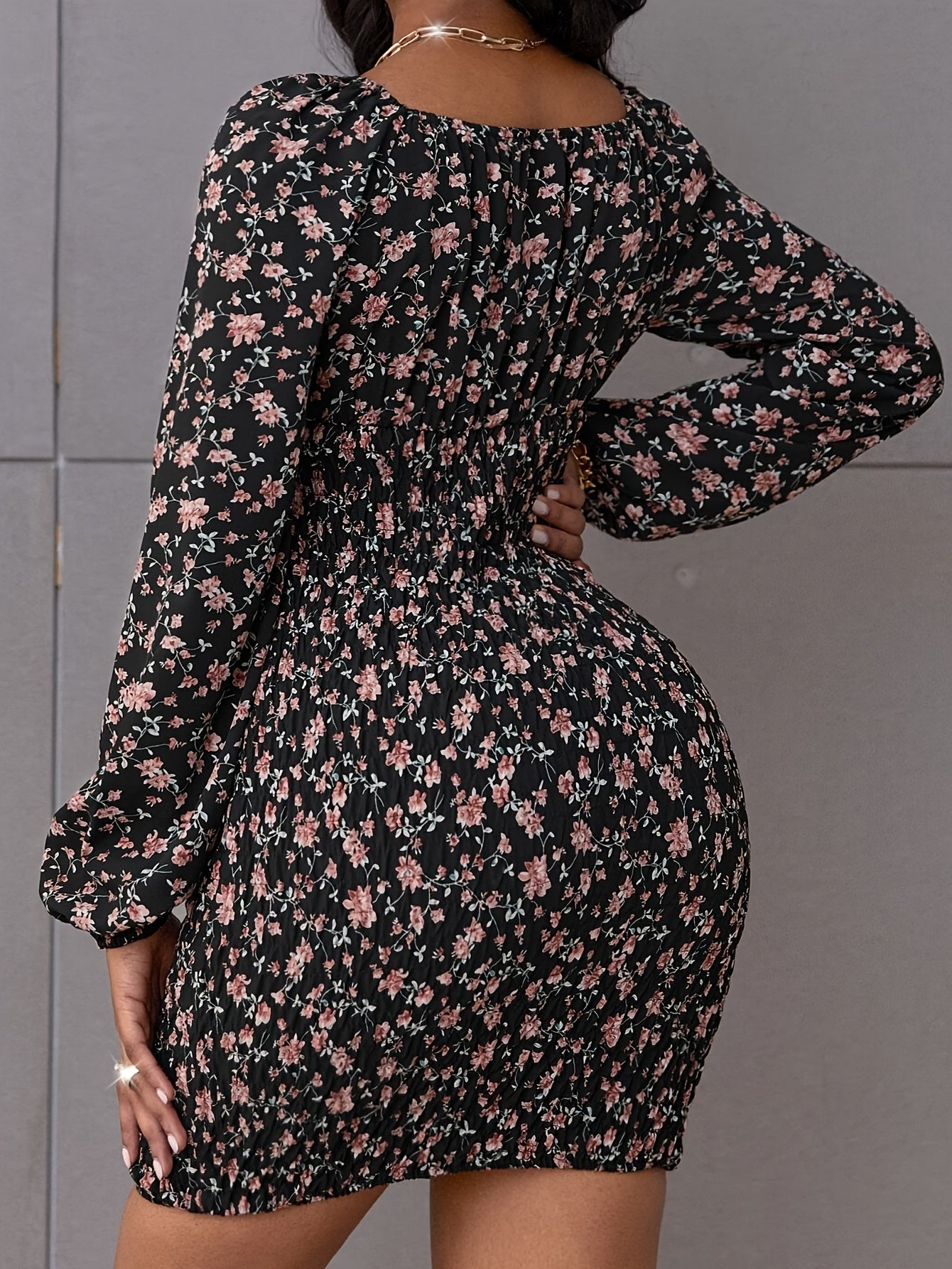 Floral Print Long Sleeve Bodycon Dress, Elegant Square Neck Above Knee Dress For Spring & Fall, Women's Clothing