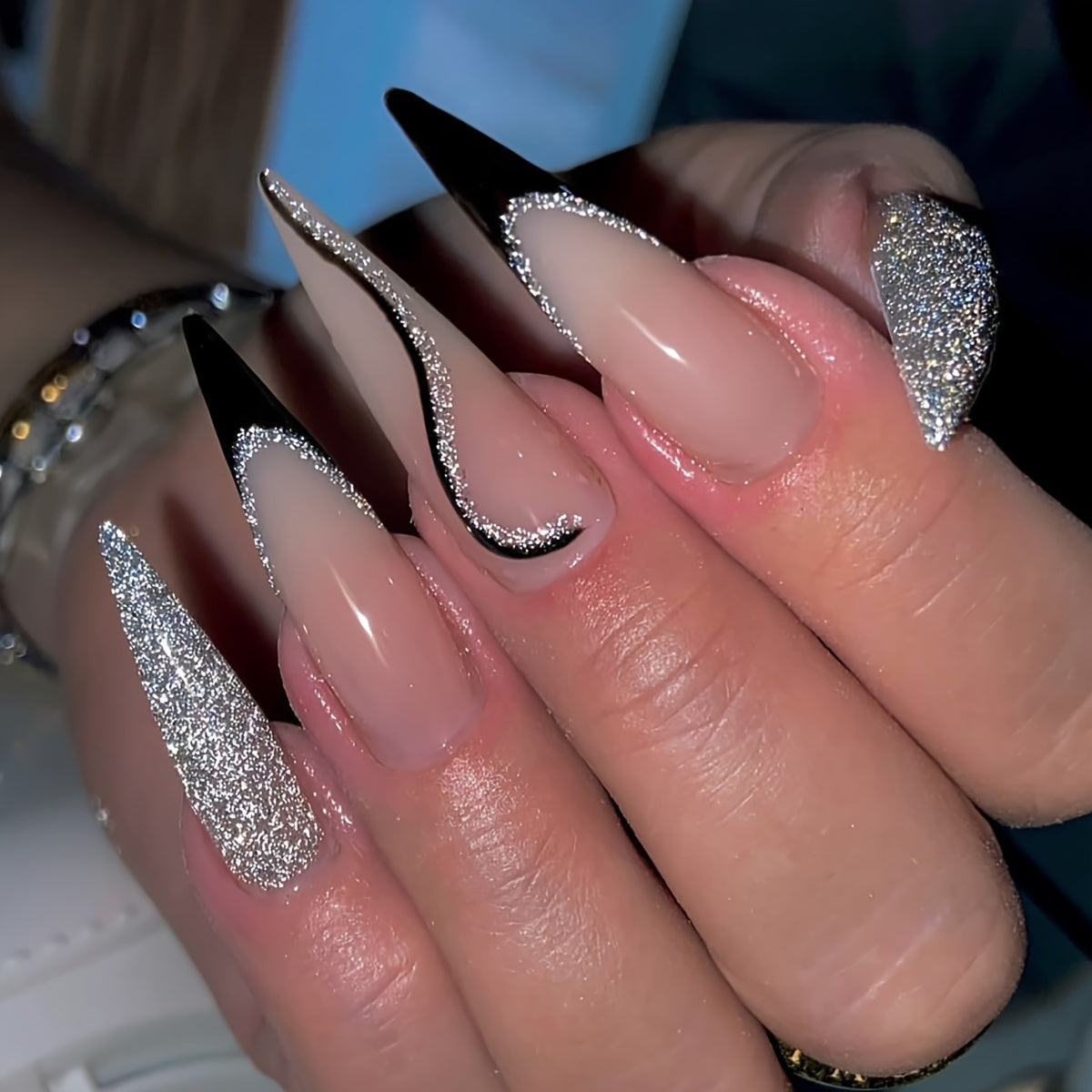 96 PCS 4PACK Long Stiletto Glossy Rhinestone Press on Nails with Glue, Bling Glitter French Tip Acrylic Almond Artificial Nails in Nude Pink Stick on False Nails with Design