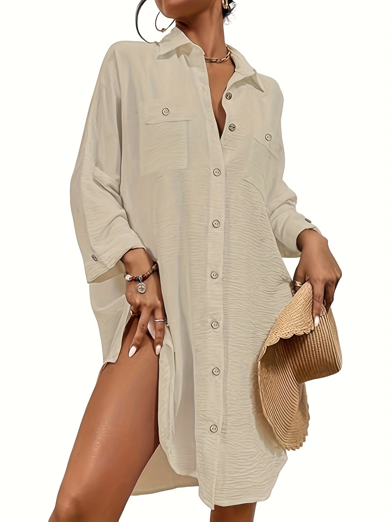 Summer solid color long shirt sunblock blouse blouse, suitable for picnic beach, daily commute to wear, ladies loose casual clothing, simple matching medium long summer blouse