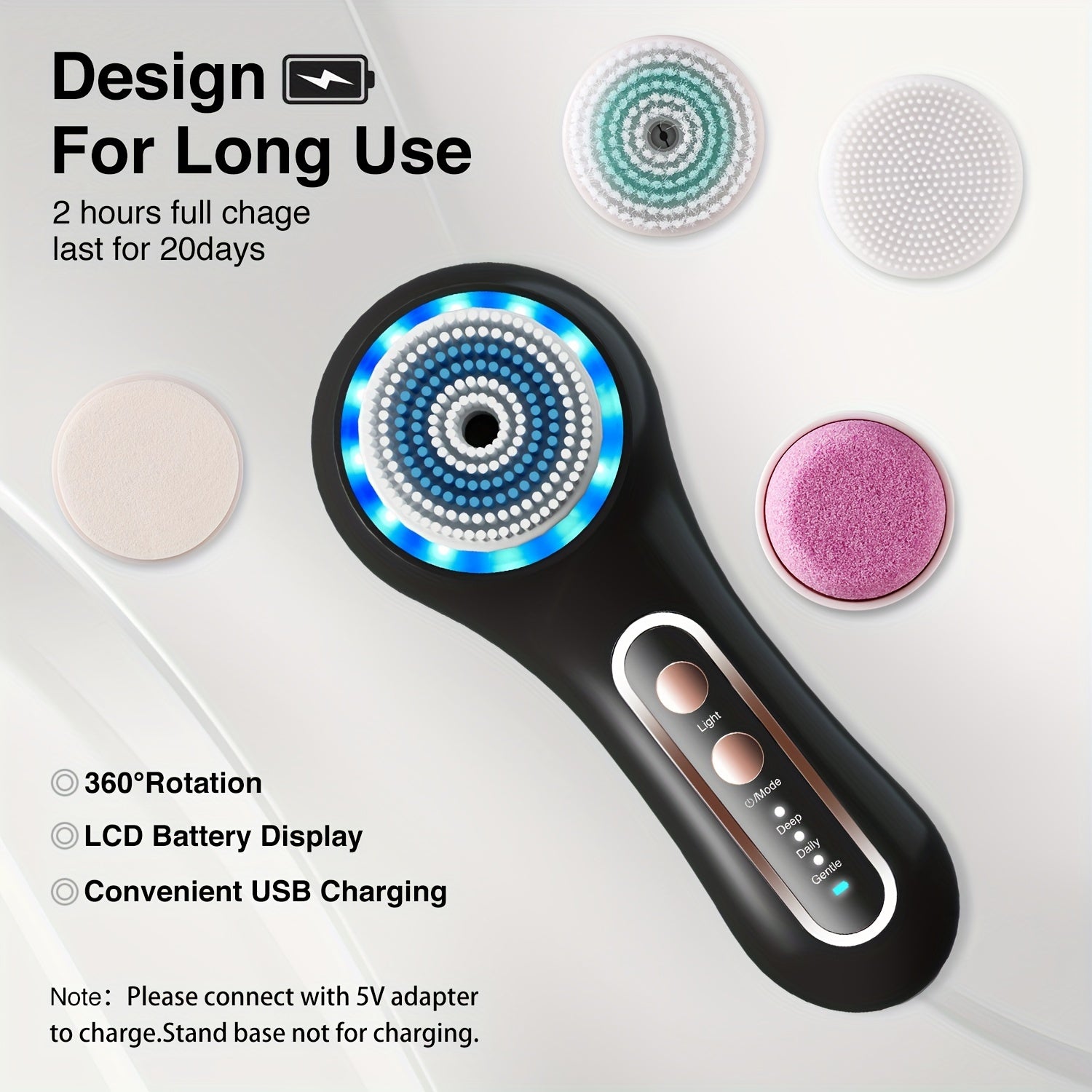 5-Brush-Head Rechargeable Face Scrubber Exfoliator, Facial Cleansing Brush for Exfoliating, Massaging, Deep Cleansing, Perfect Gift for Women, Mother's Day Gift