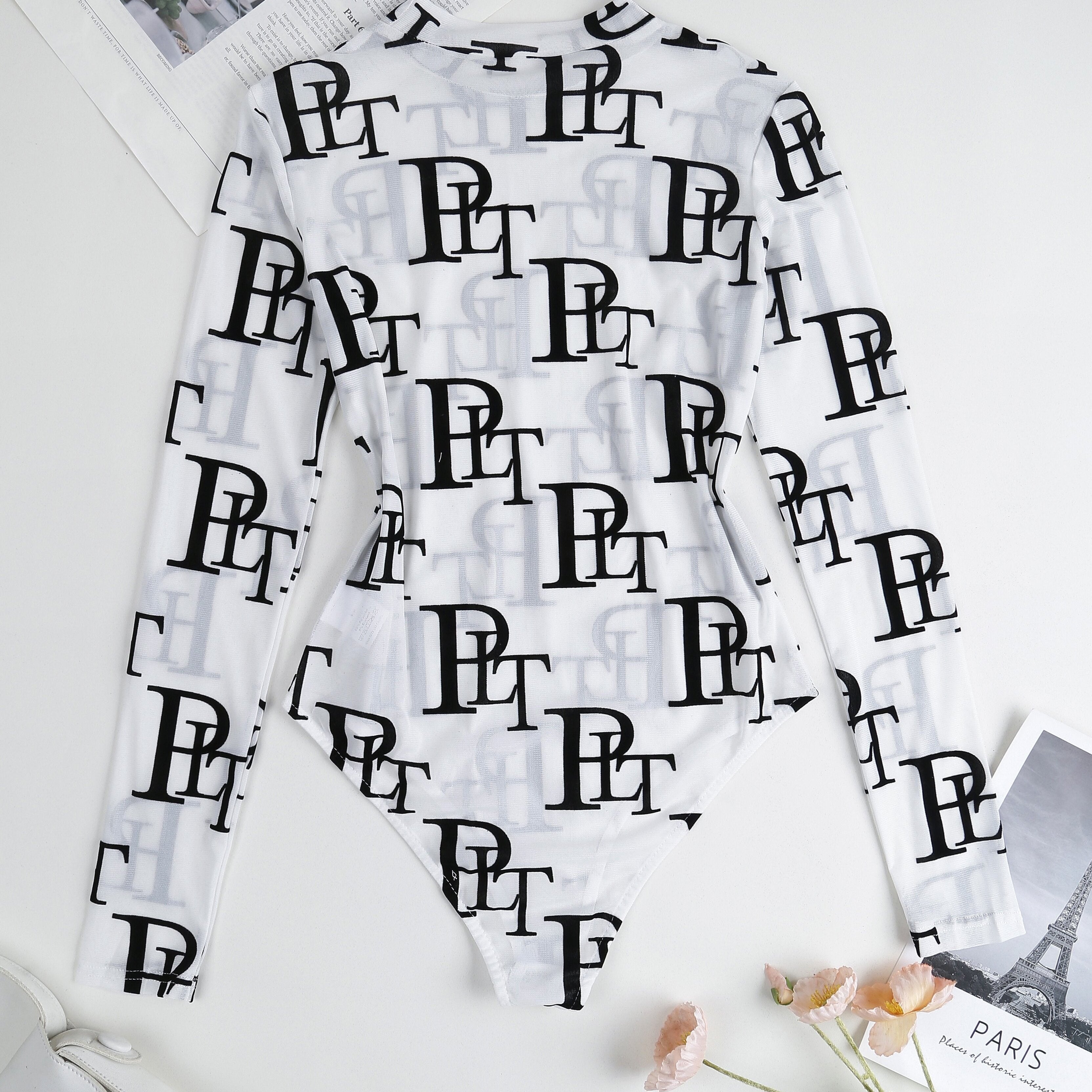 Letter Print Crew Neck Bodysuit, YOUNG Long Sleeve Mesh One Piece Bodysuit, Women's Clothing