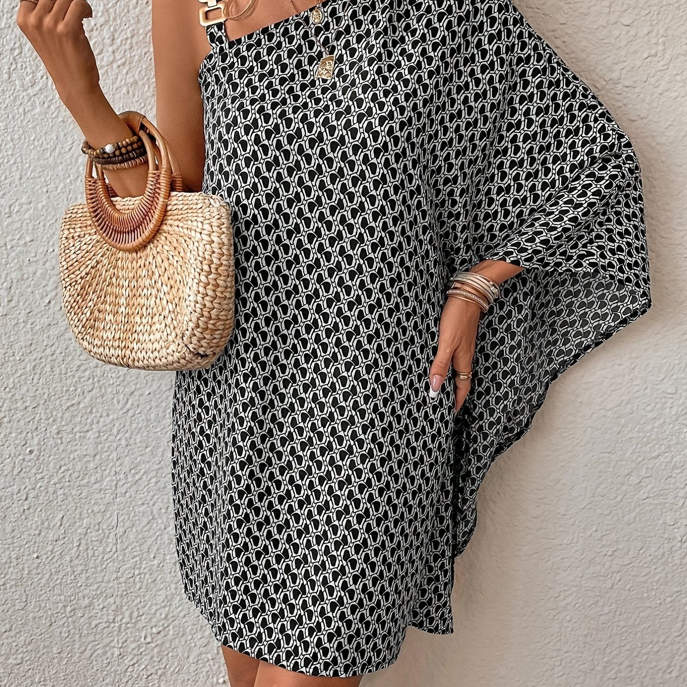 Allover Print Asymmetrical Dress, Casual Batwing Sleeve Chain Dress, Women's Clothing