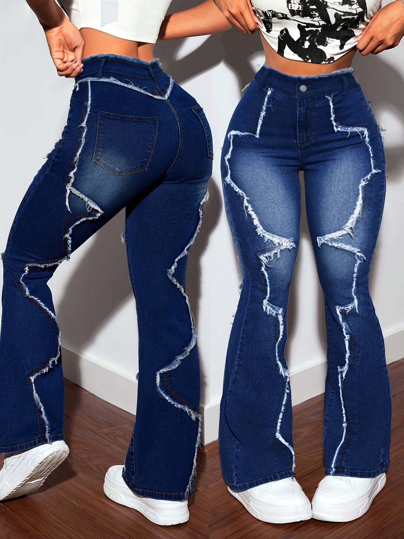 Women's High-Waisted Flared Jeans - Mid-Stretch Denim Pants with Details, Dark Blue Flattering Fit, 73% Viscose Blend, All-Season Comfort & Versatile Casual Wear