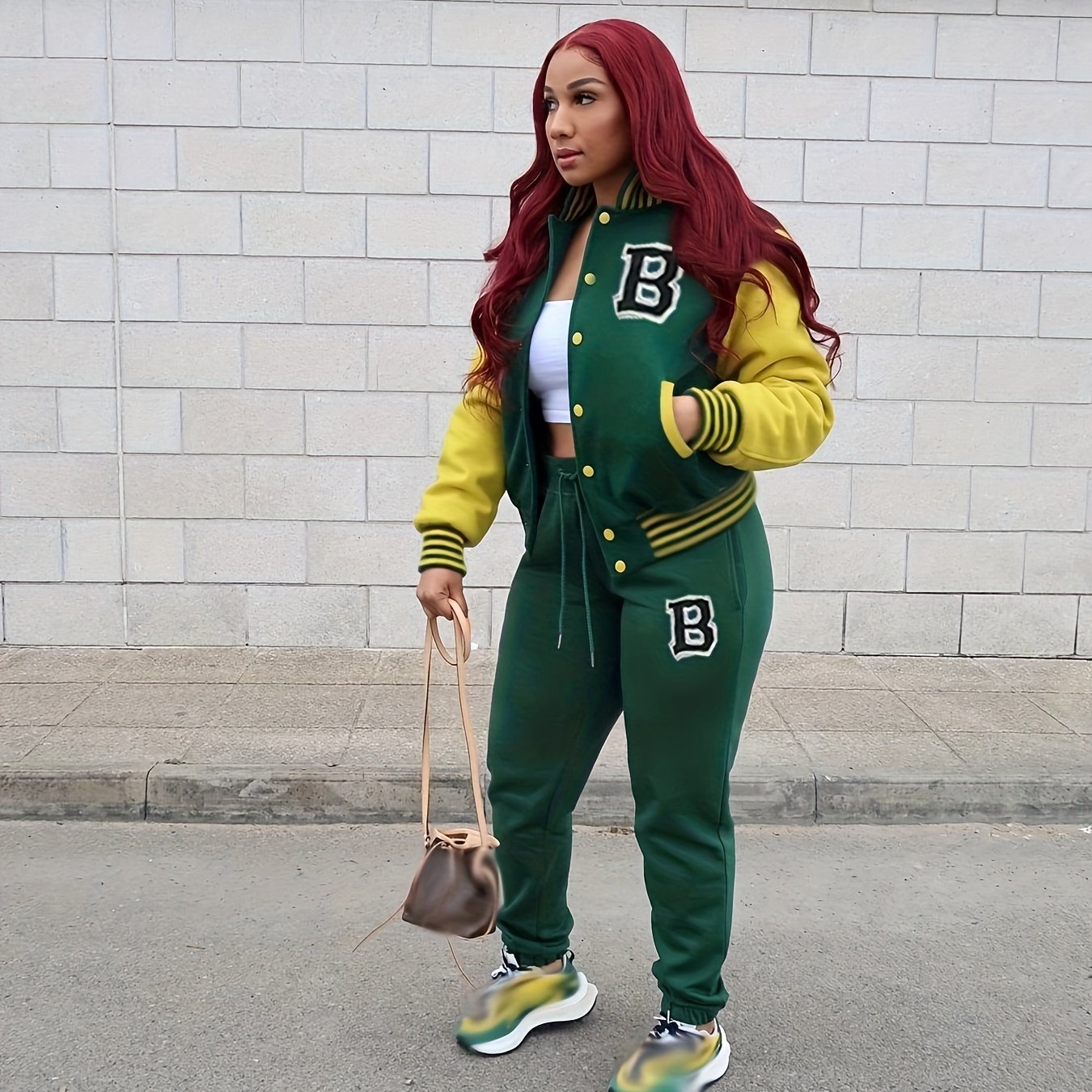 Two-piece Set, Button Front Varsity Jacket & Drawstring Jogger Pants Outfits, Letter Pattern Casual Women's Clothing