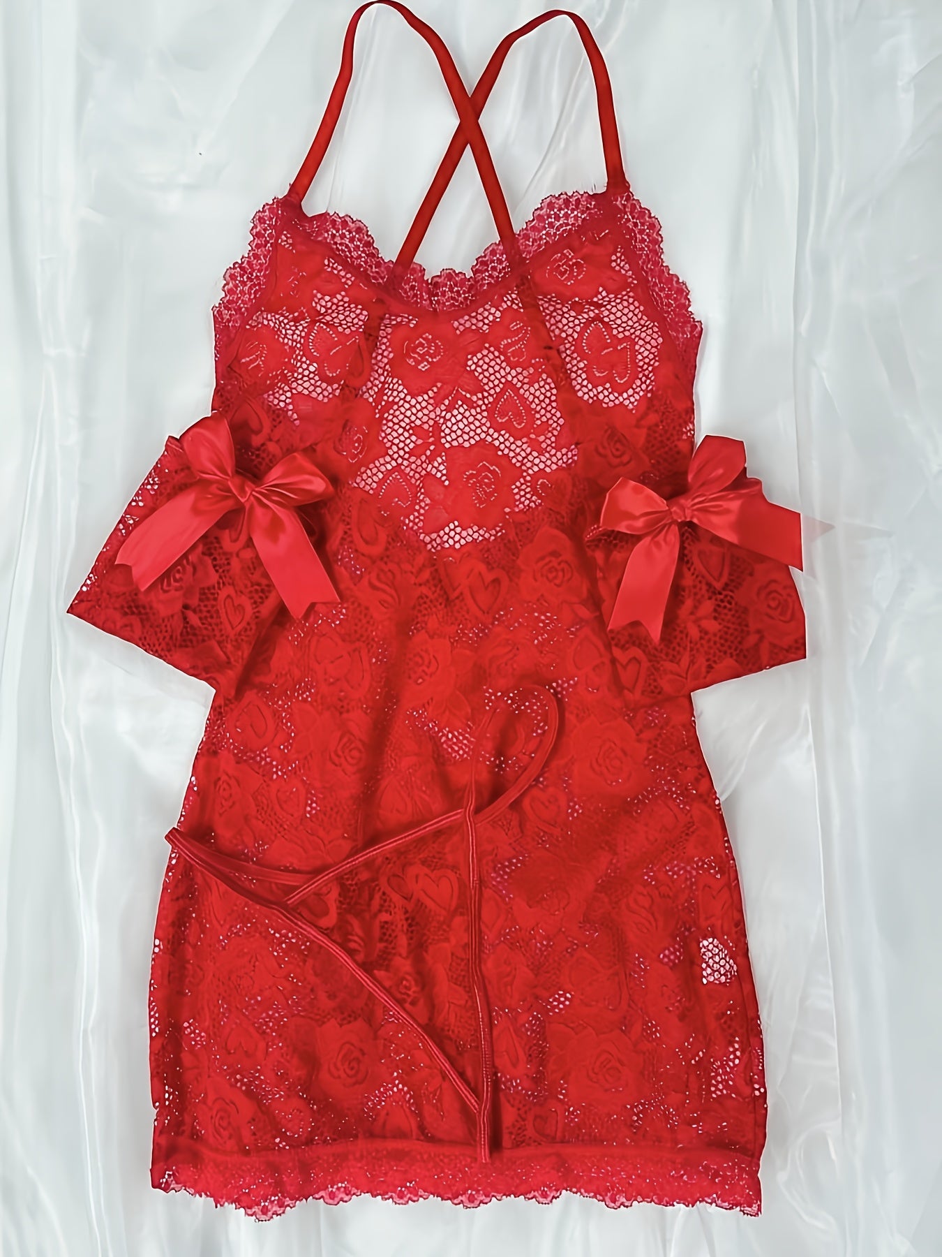 Women'S Sexy Red Lace Dress with Rose Floral Pattern - Off-Shoulder, Long Sleeves, Thong Panties Set for Adult, Adult Date Night Attire|Elegant Lace Dress|Thong Panties, Lace Dress