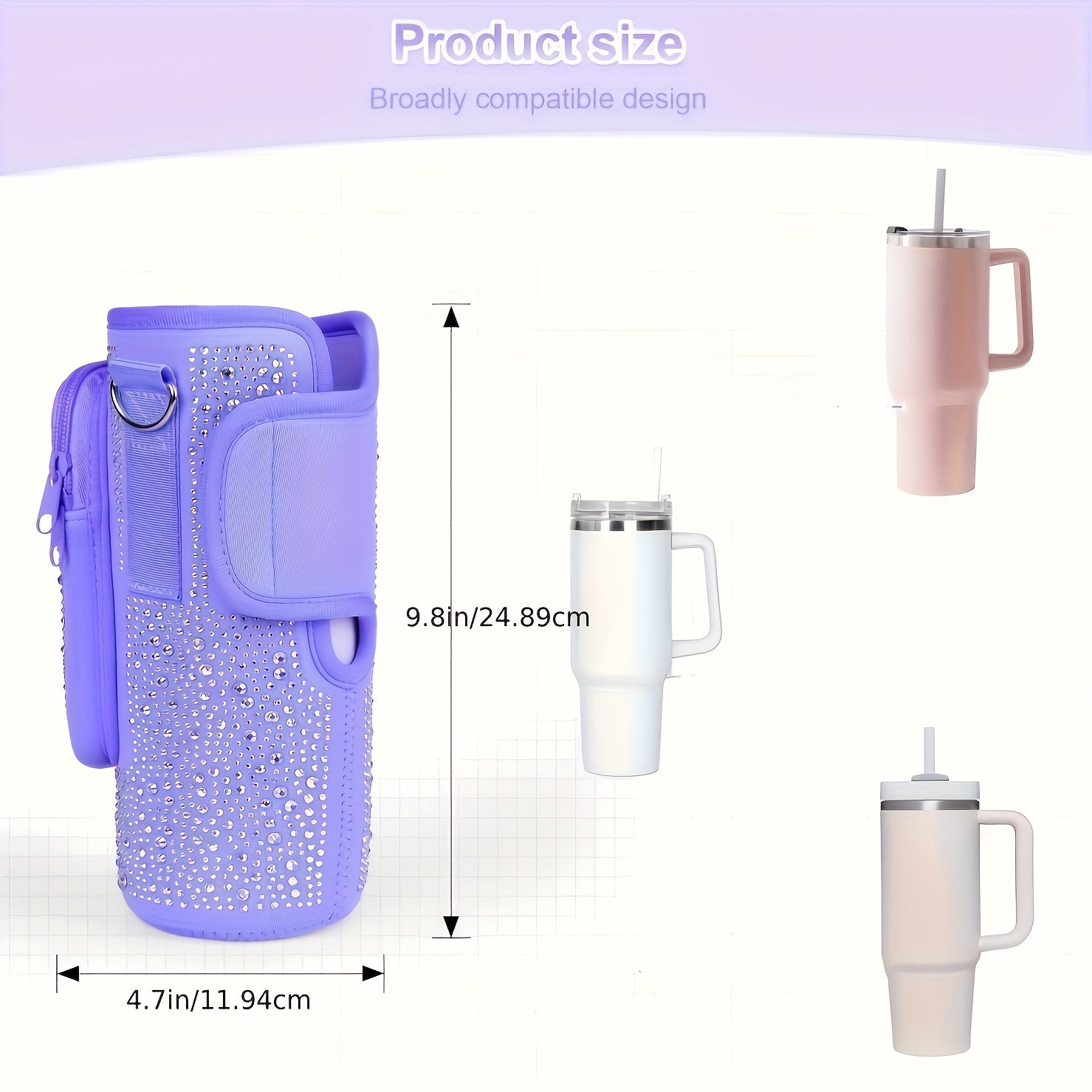[Bling Neoprene Bottle Carrier] Multifunctional Neoprene Water Bottle Carrier - Insulated Sleeve Bag with Phone Holder, Card Slots, Detachable Strap for 40/30 Oz Tumblers - Bling Diamond Design, Key Hook