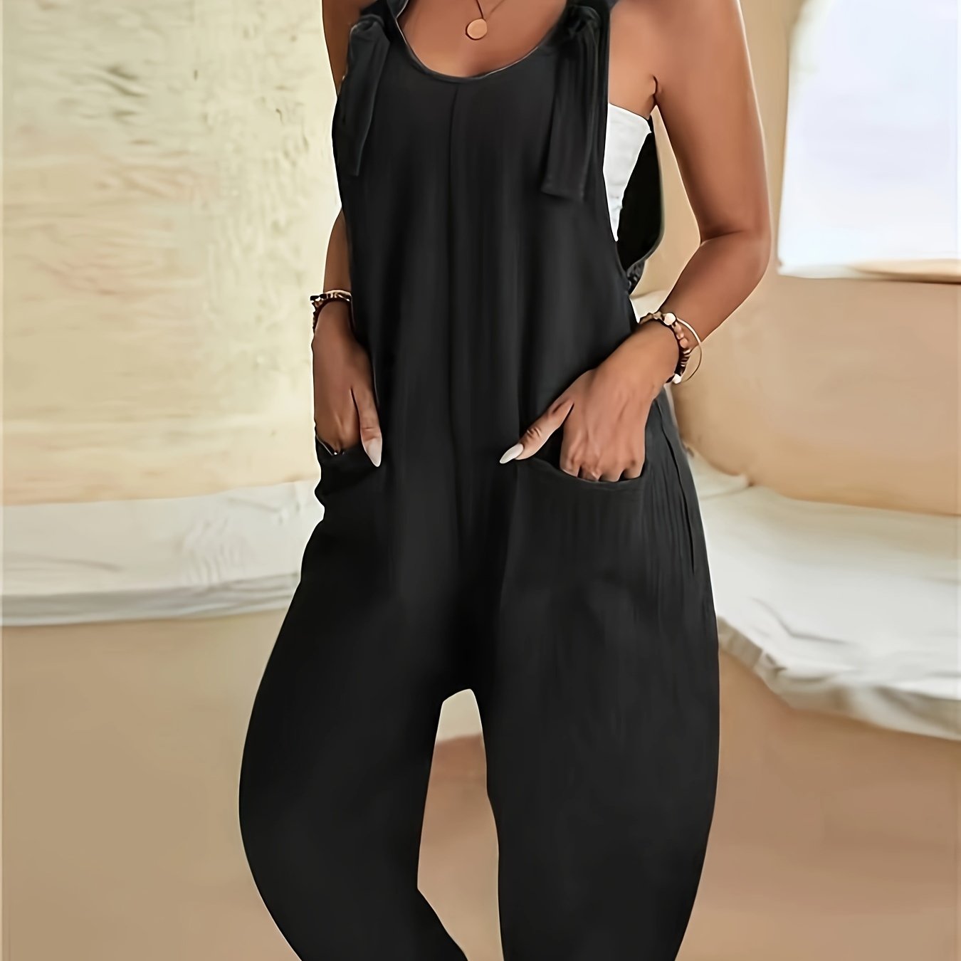 Solid Color Pockets Overall Jumpsuit, Casual Knot Front Loose Overall Jumpsuit For Spring & Summer, Women's Clothing