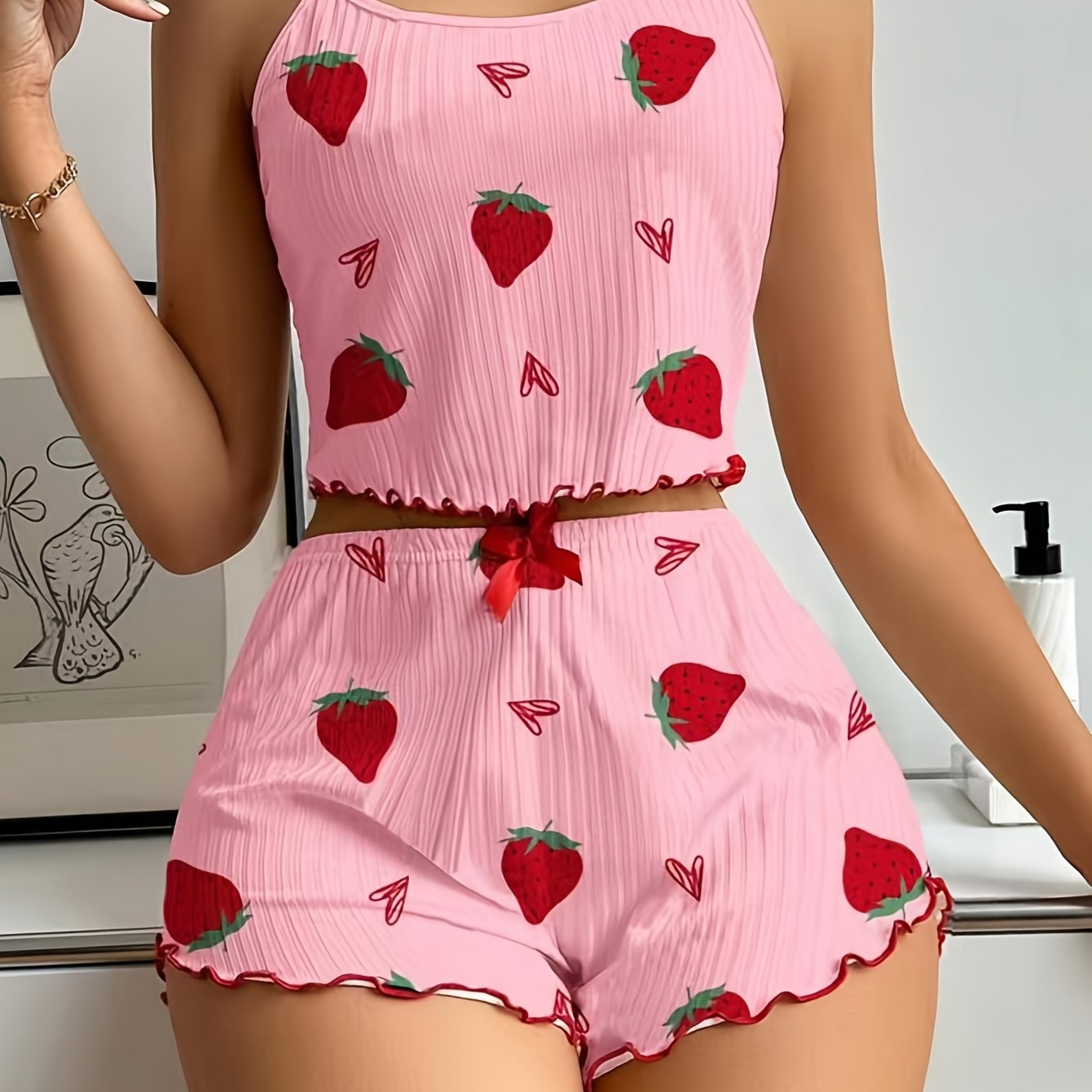 Charming Women's Heart Print Cami & Shorts Set – Cute Red & White Summer Knit Outfit with Bow Detail, Stretchy Polyester Blend