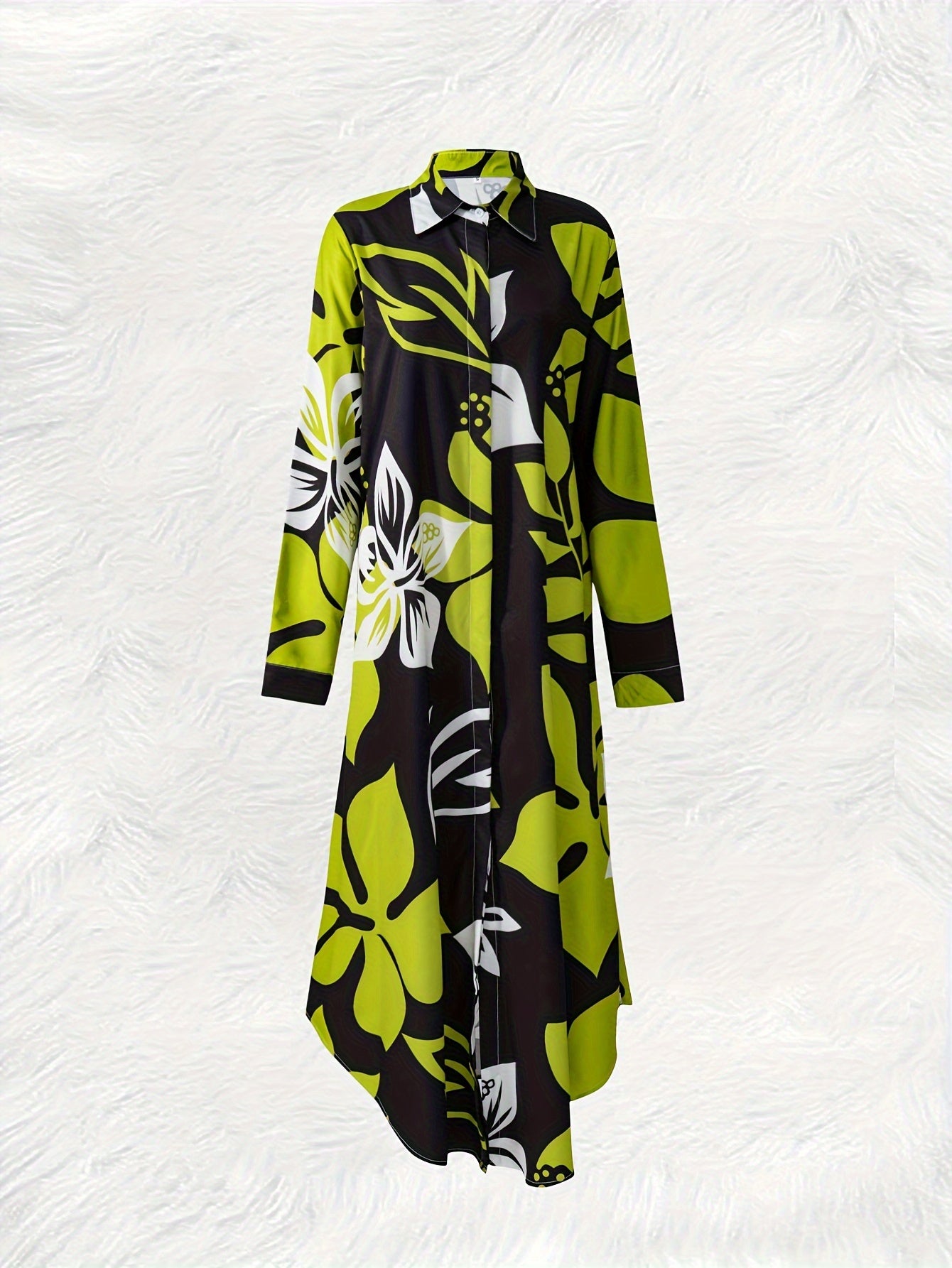 Floral Print Polo Collar Shirt Dress, Vacation Style Button Front Long Sleeve A-line Peplum Ankle Length Dress For Spring & Summer, Women's Clothing