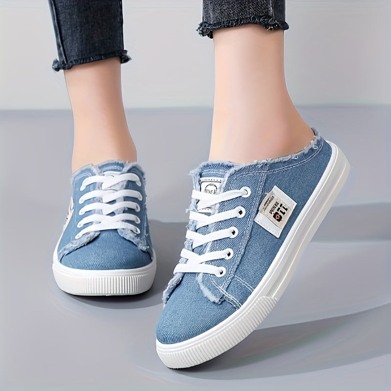 Round Toe Breathable Women's Solid Canvas Shoes Slippers Lace Up Slip On, All-match Footwear