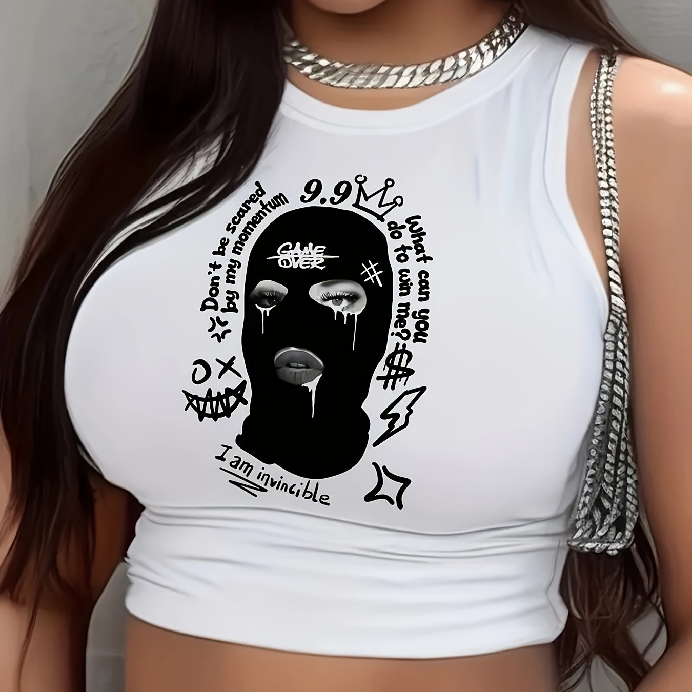 Women's Stylish Graphic Print Tank Top - Sleeveless Crew Neck Crop Top with Bold Portrait Design, "I'm Not a Foodie" Quote & Stars, White Polyester Knit for Spring & Summer Casual Wear