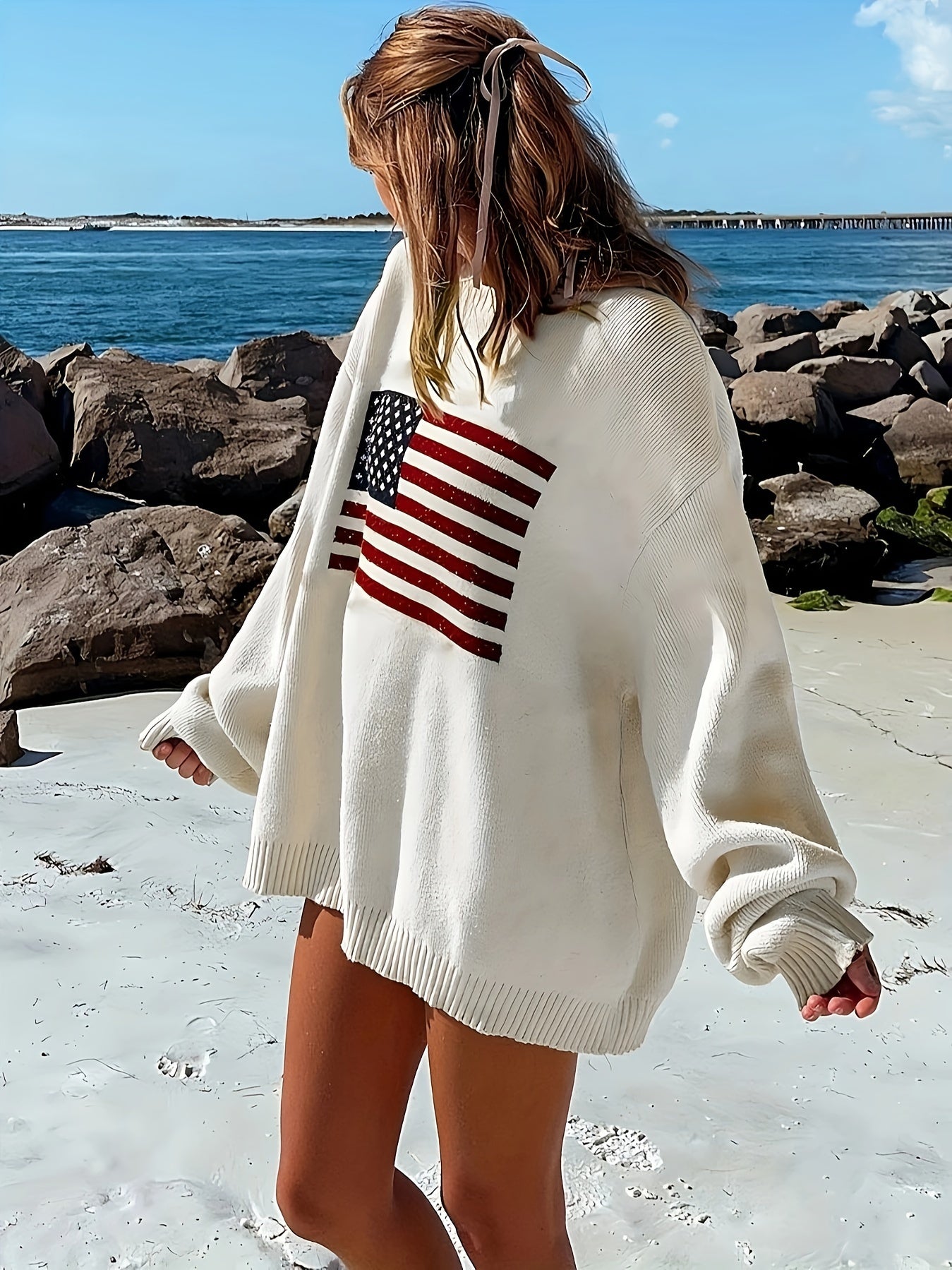 American Flag Pattern Pullover Sweater, Casual Crew Neck Long Sleeve Loose Sweater, Women's Clothing