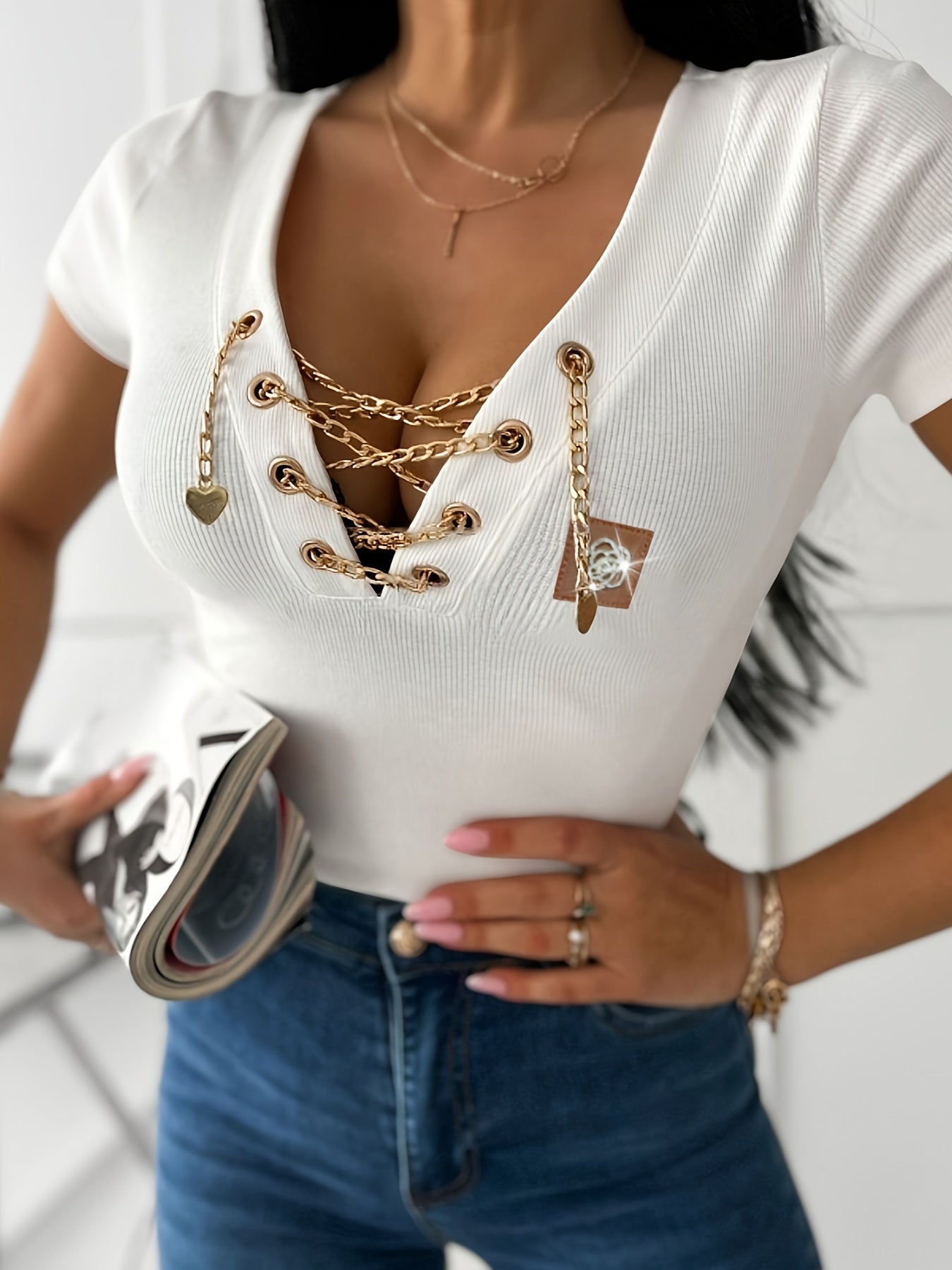 Women's Casual V-Neck T-Shirt | Red Polyester-Spandex Blend | Golden Metal Chain Detail | Slim Fit Short Sleeve | Machine Washable & Dry Clean Safe | Spring/Summer Collection