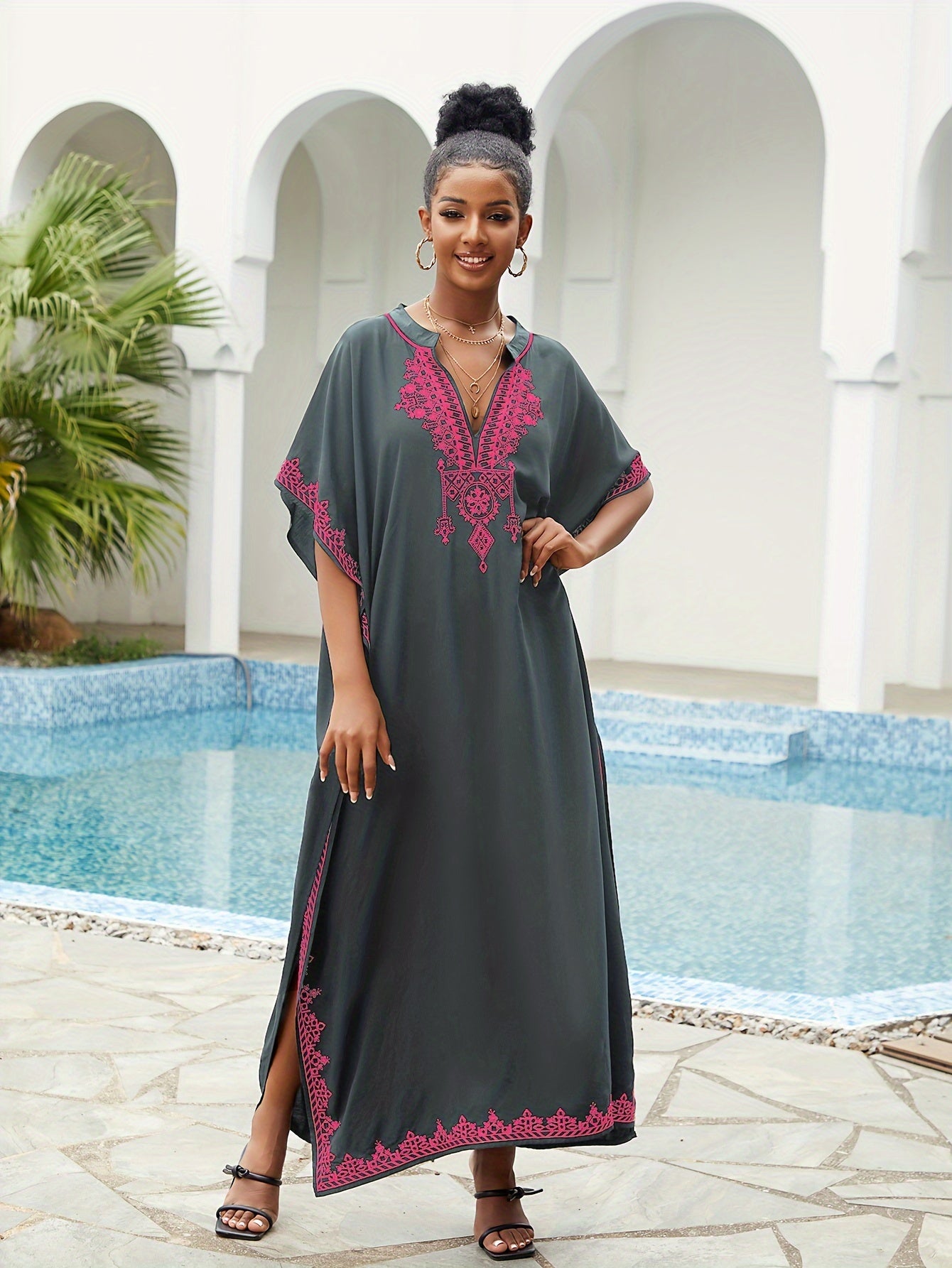 Bohemian Golden Embroidered Plus Size Maxi Dress with Bat Sleeves for Ramadan