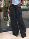 Ladies' Fashionable Retro Y2K Work Pants, High Waist Loose Wide Legs, Pockets, Comfortable Casual Style, Street Fashion Denim Pants