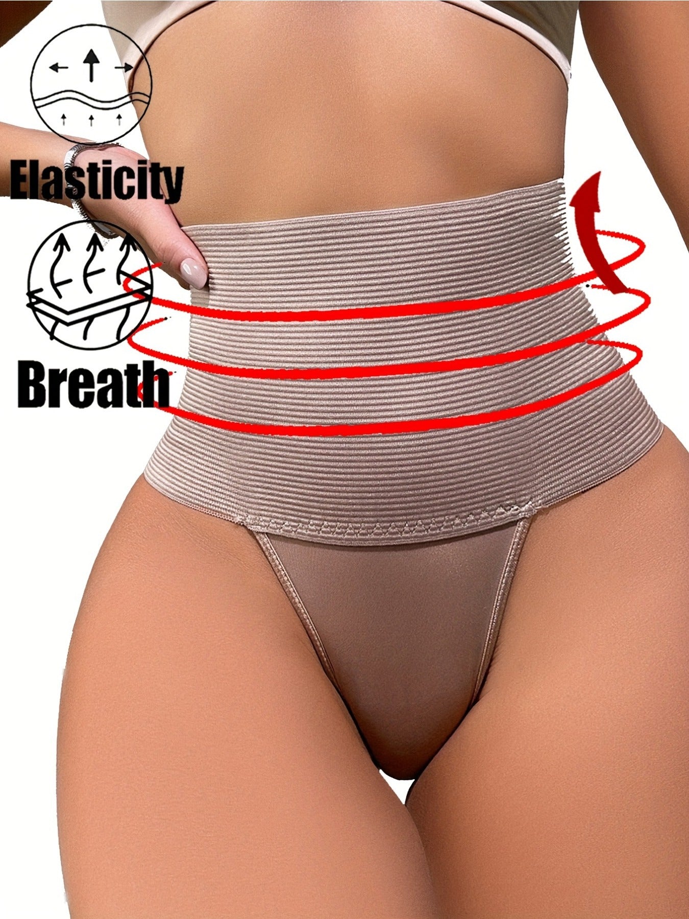 2pcs High-Waist Tummy Control Shapewear Panties, Postpartum Body Shaper Thong, Slimming Butt Lifting Shapewear Underwear, Solid Color Knit Fabric