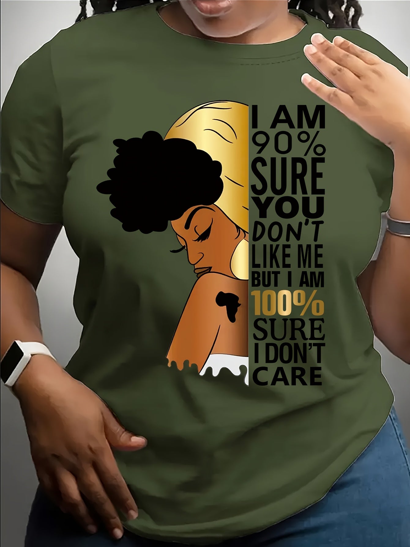 Women's Purple "I Don't Care" Empowerment Print T-Shirt - 100% Positive Affirmation Short Sleeve Top with Golden Accents, Round Neck Casual Summer Shirt, Machine Washable & Semi-Sheer for Layering, Everyday Fashion, Fashion S