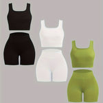 Women's 3-Pack Summer Outfit Set – Square Neck Crop Tank Top & High Waist Cropped Leggings, Casual Versatile Shorts Set