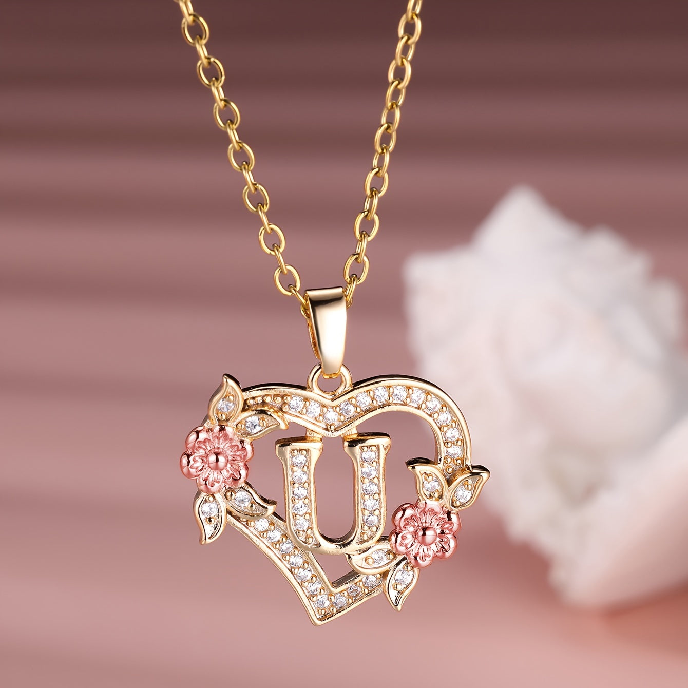1pc A-Z Letter Love Heart Necklace Elegant zirconia Rose Golden Necklace Valentine'S Day Gift Trendy Jewelry For Women