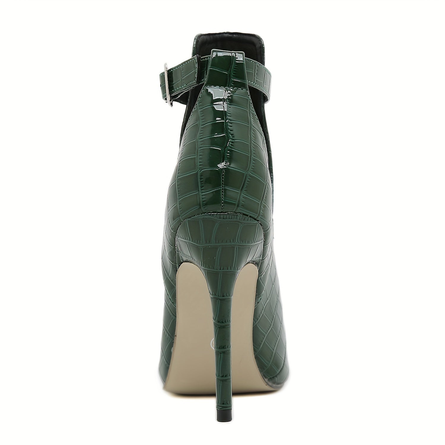 Women'S Fashion Ankle Boots, Green Crocodile Pattern, Stiletto Heel, Belt Buckle Detail, Pointed Toe, Synthetic, Non-Washable, All-Season, Rubber Sole, Fabric Insole
