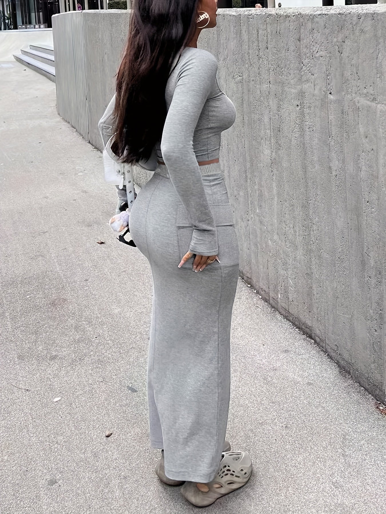 [Solid Color Two-piece] Two-piece Sexy Outfits - Solid Color Long Sleeve T-shirt & Skinny Skirt - Women's Clothing
