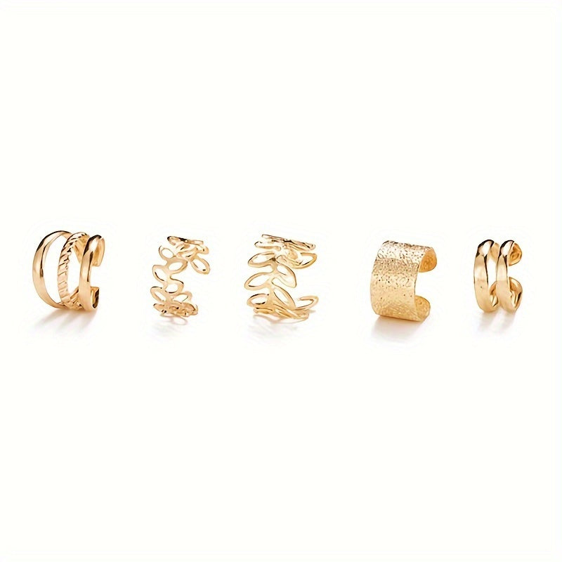 Set of 5 Elegant Hollow Leaf Ear Cuffs – Versatile Non-Pierced Clip-On Cuffs for Women – Lightweight Daily Fashion Jewelry