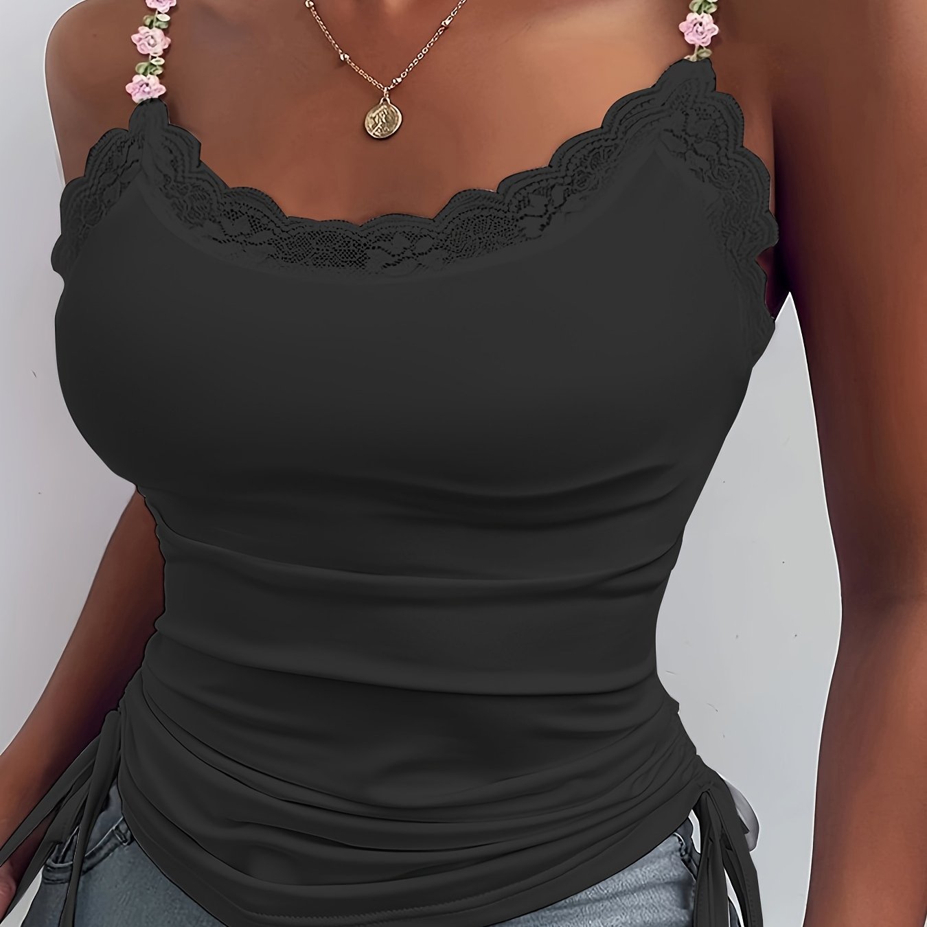 [Solid Color Sleeveless Vest Top] Women'S Floral Lace Trim Ruffle Hem Spaghetti Strap Tank Top, Polyester Knit Fabric, Solid Color Sleeveless Vest for Summer
