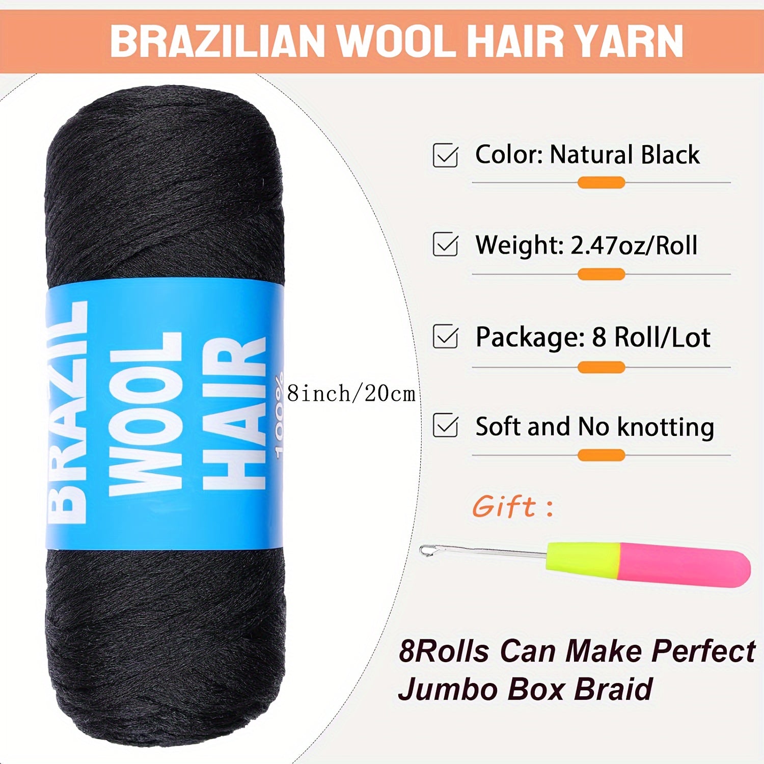 8 Pcs Black Brazilian Wool Hair For Braiding Hair Acrylic Yarn Crochet Box Braids Senegalese Twist Jumbo Braids Faux Locs Crochet Hair For Women Synthetic Braiding Hair Extensions Halloween Christmas