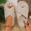 Women’s Minimalist Striped Plush Slippers – Soft Open-Toe House Shoes with EVA Sole, All-Season Indoor Comfort
