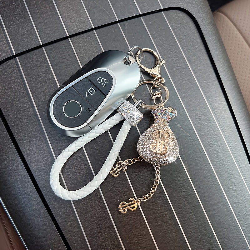 Elegant Alloy & Rhinestone-Encrusted Dollar Sign Keychain with Braided Rope - Sparkling Charm for Car Keys, Bags & Wallets - Ideal Birthday Gift