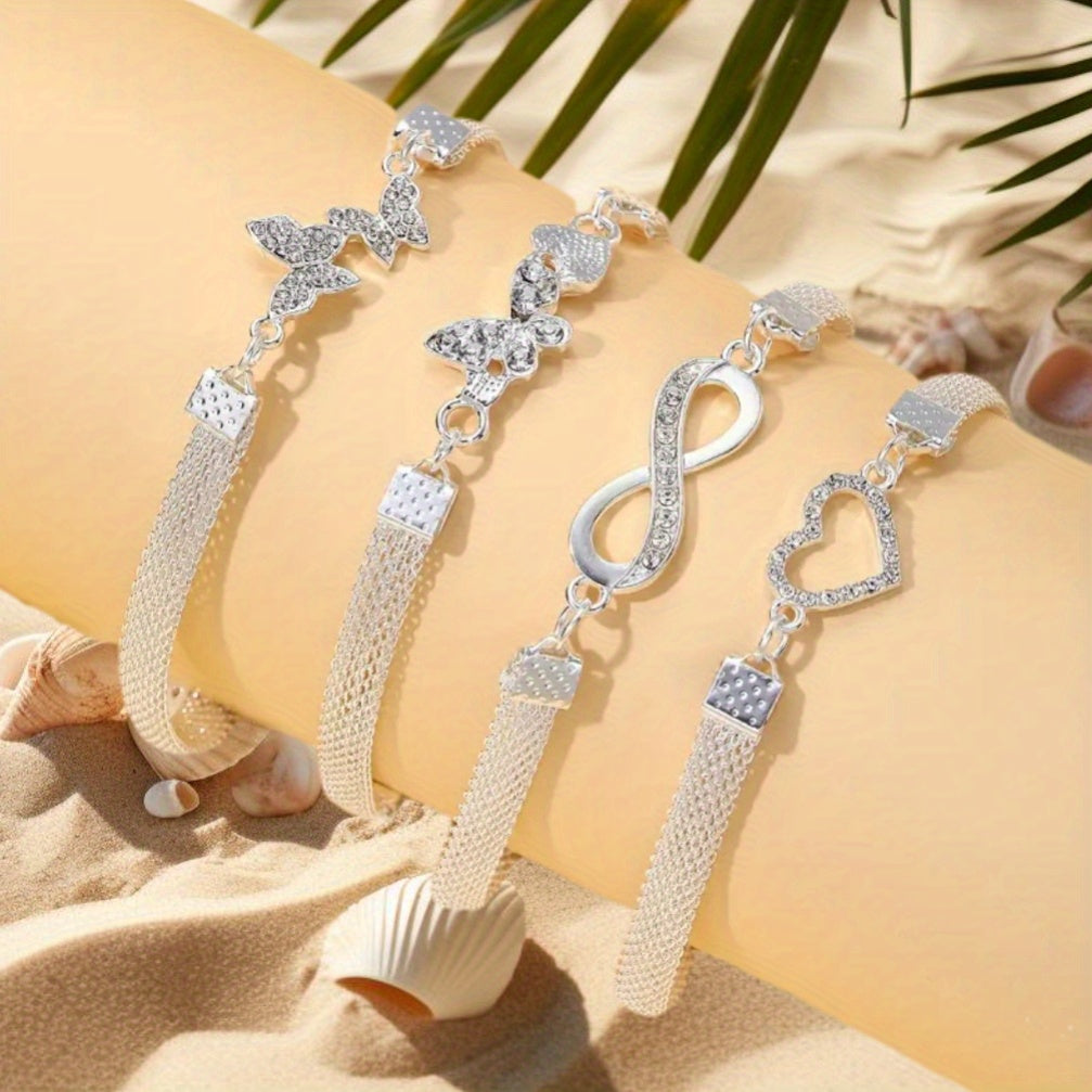 Set of 4- Elegant And Shiny Stackable Ankle Chains, Synthetic Zirconia Ankle Chains Plated with Butterflies And Hearts, Multifunctional Daily Jewelry Gifts