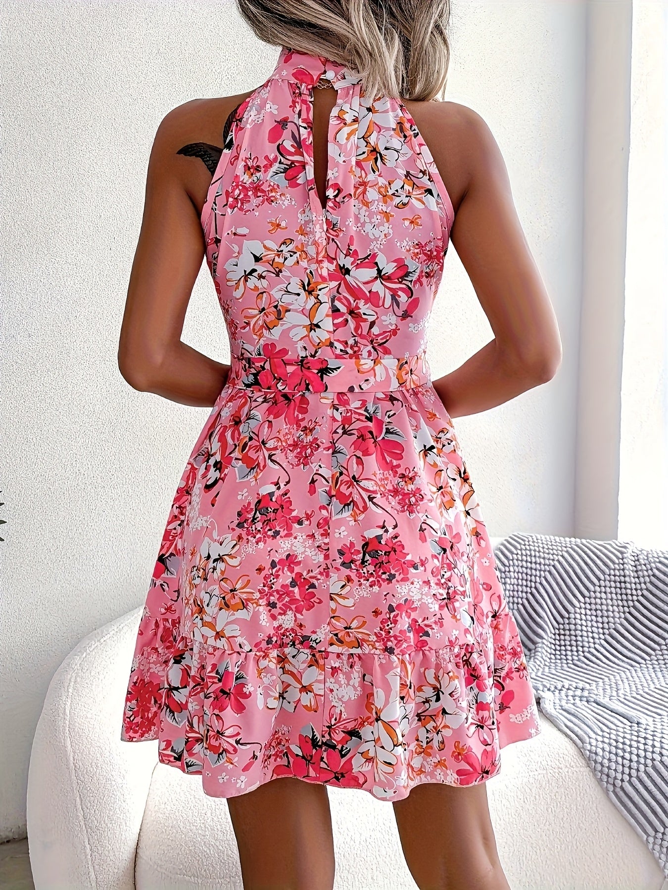 Summer Vibes | Chic Womens Yellow Floral Chiffon Summer Dress - Sleeveless Halter Top With Ruffle Detail, Flowy Knee-length Jumpsuit, Perfect For Casual Wear