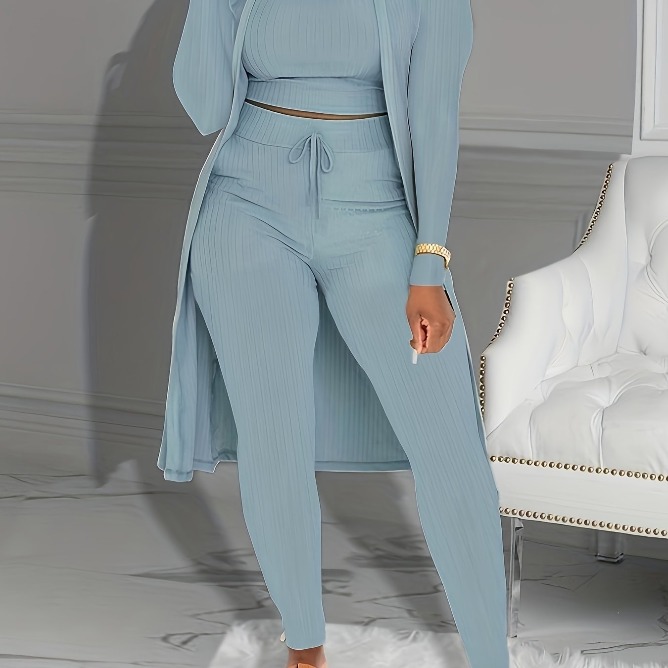 Three-piece Set of Ribbed Solid Casual Outfits, Open Front Long Sleeve Cardigan & Tank Top & Lace Up Pants, Women's Clothing