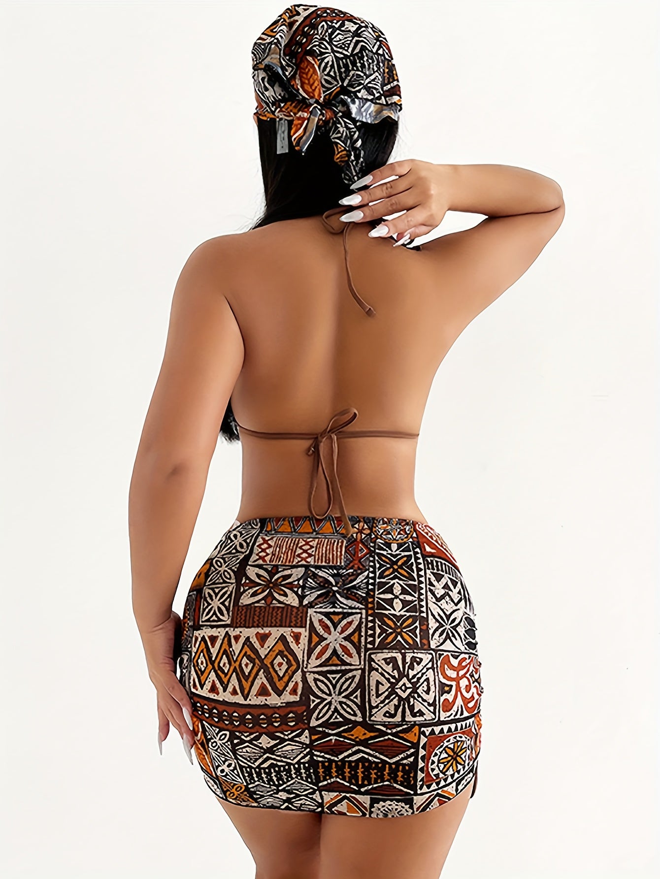 Women'S 2024 New Geometric Pattern Bikini Set with Headscarf, Polyester High Elasticity, Halter Neck, Sleeveless, Tie Detail, Swimwear Outfit for Ladies