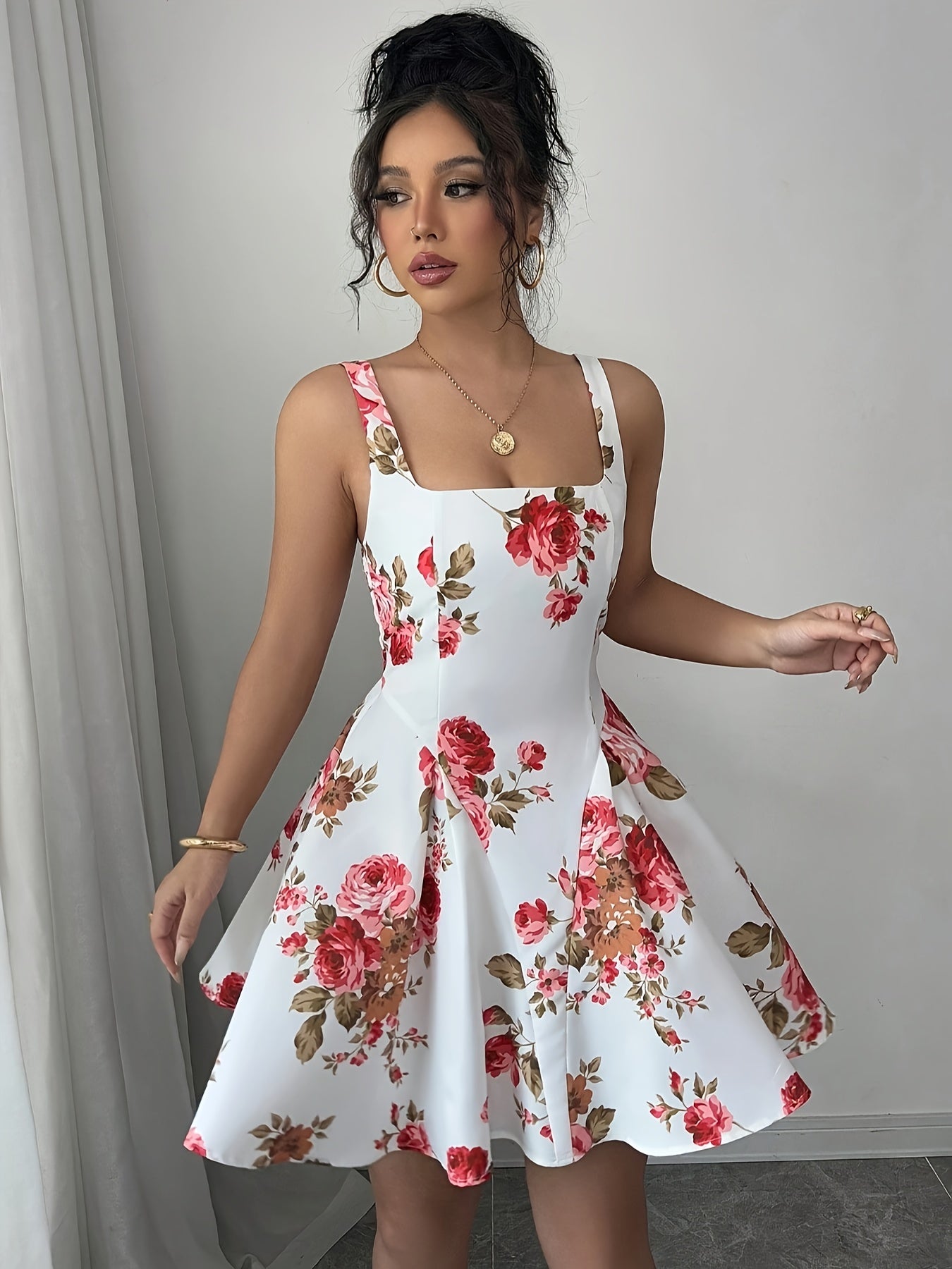 Women's Sleeveless Floral Print A-Line Dress - Square Neck Ruched Detail Summer Dress with Red Roses & Green Foliage, Machine Washable Elegant Casual Outfit
