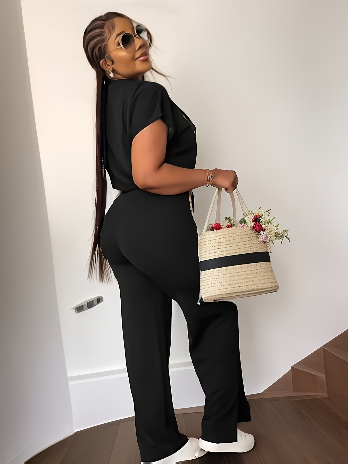 Women'S Two-piece Trouser Suit, Summer Street Style Women'S Drawstring Jacket With High-waisted Split Trouser Suit, Round Neck Jacket To Show Height, Breathable Fabric Machine Washable, Women'S Clothing