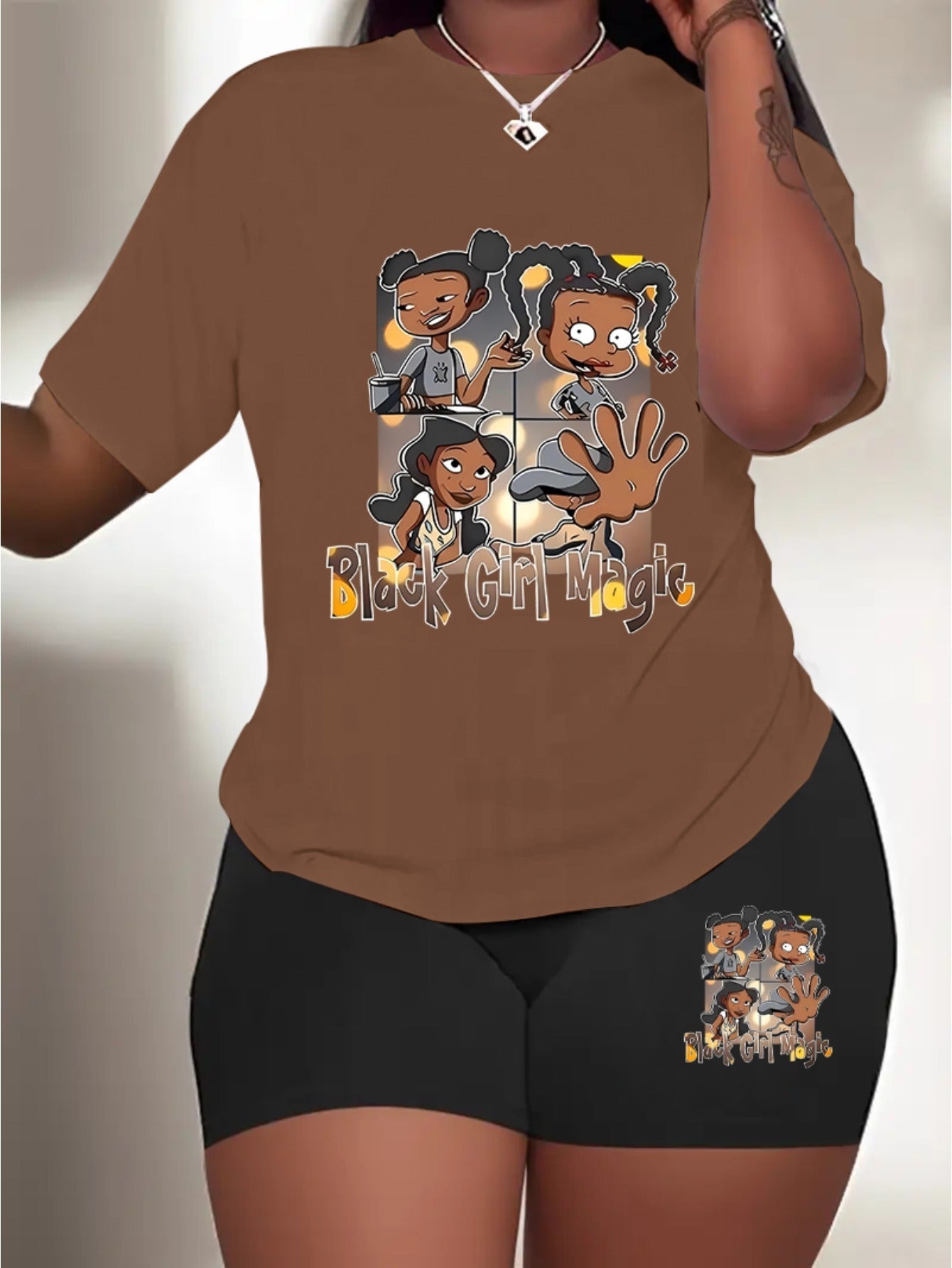 Women's casual cartoon print, polyester knit T-shirt and shorts leggings set, crewneck short sleeves, regular fit, all seasons