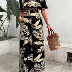 Vacation Style Set, Off Shoulder Crop Top & Straight Leg Pants - Tropical Print - Women's Clothing - For Summer Vacations & Beach Trips - Perfect Gift for Women
