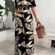Vacation Style Set, Off Shoulder Crop Top & Straight Leg Pants - Tropical Print - Women's Clothing - For Summer Vacations & Beach Trips - Perfect Gift for Women