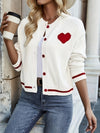 Heart Pattern Crew Neck Striped Cardigan, Casual Color Block Button Front Long Sleeve Cardigan For Fall, Women's Clothing