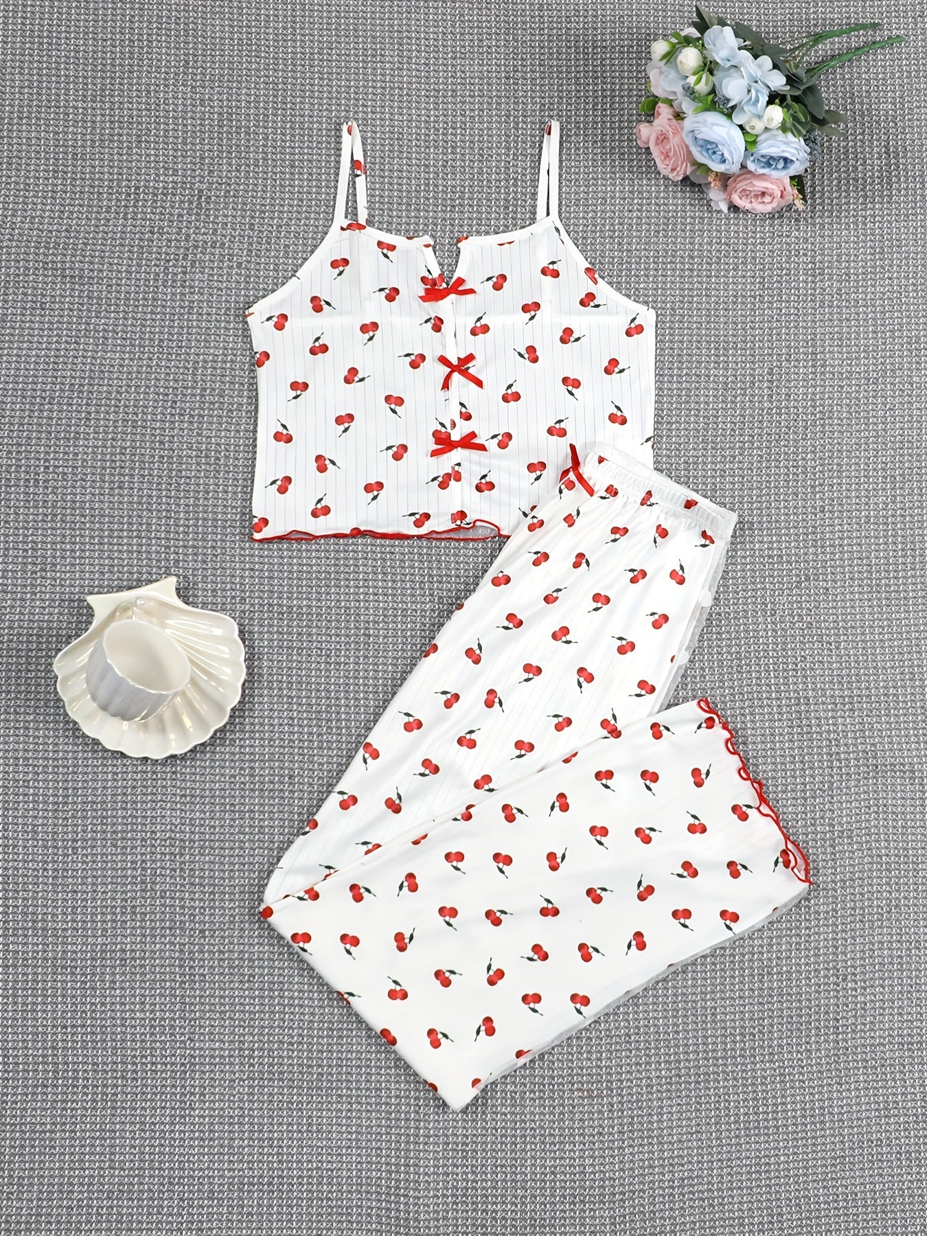 [Cherry Print Knit Pullover Pajama] Women'S Elegant Cherry Print Pajama Set, Sexy Spaghetti Strap Backless Long Pants, Knit Fabric Pullovers with Contrast Mesh, Polyester 95% Elastane 5%, Spring/Summer/Fall Sleepwear