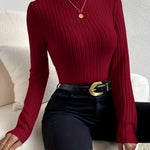 Elegant Women's Long Sleeve Turtleneck Top - Ribbed Knit, Stretchy Polyester Blend, Machine Washable - Perfect for Fall/Winter