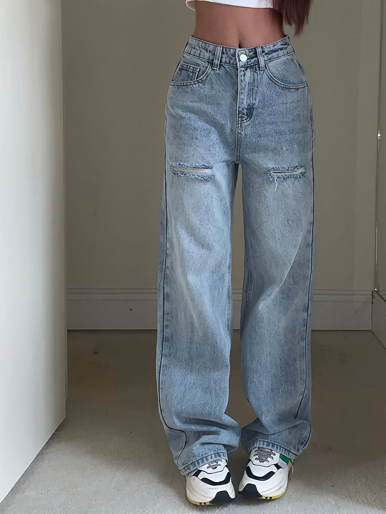 Women's High-Rise Straight Leg Ripped Jeans - Distressed Denim in Light Wash, Casual Street Style for Parties, Travel & Casual Attire