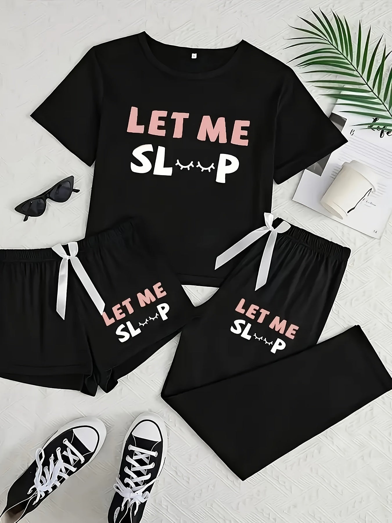[Simple Letter Print] Women's Three Piece Set | Casual Pajamas | Short Sleeve Long Pants Shorts | Simple Letter Print