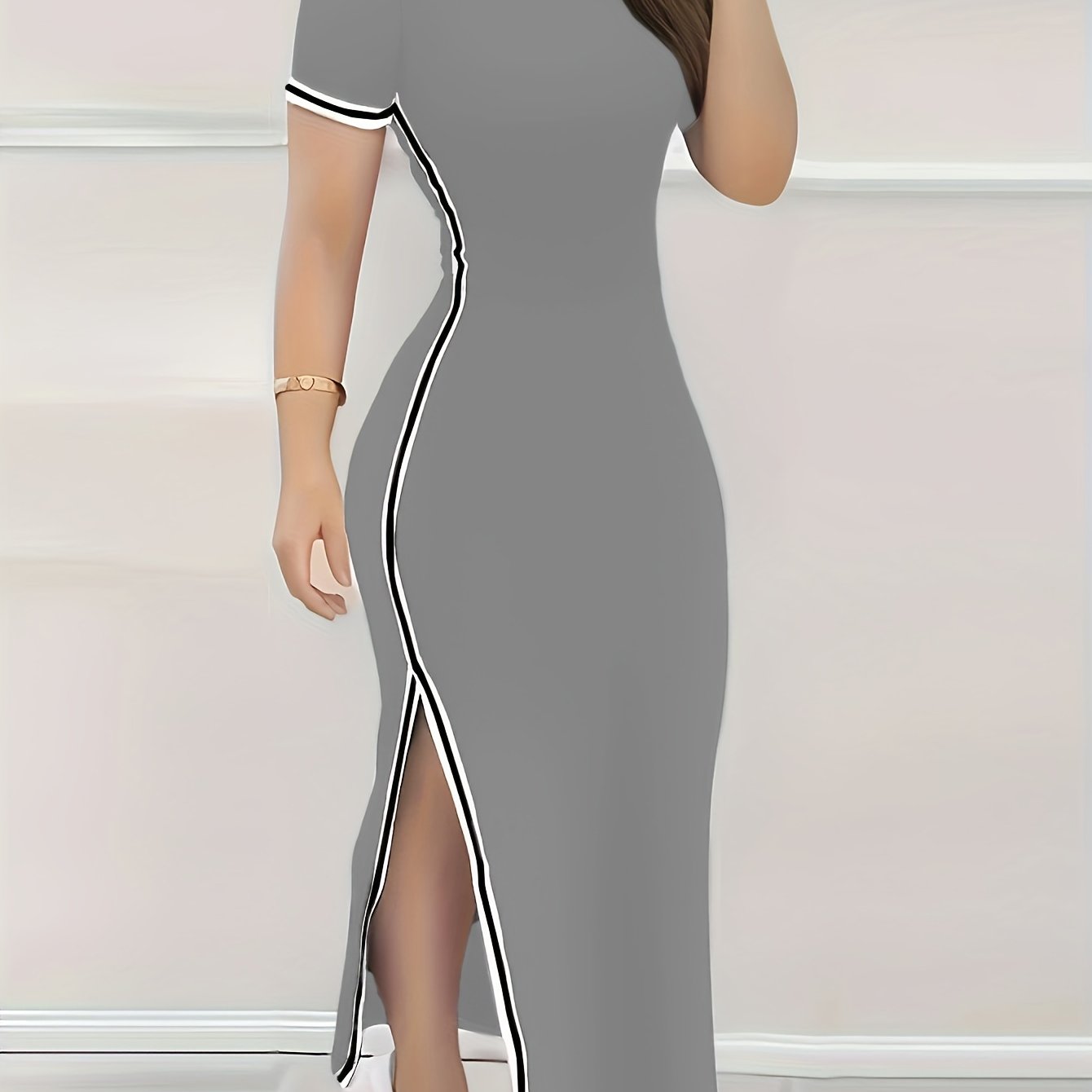Women's Contrast Trim Split Hem Bodycon Dress - Elegant Crew Neck Short Sleeve Dress For Spring & Summer - For Women - Perfect for Parties & Casual Occasions - Stylish Gift for Fashionable Ladies