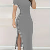 Women's Contrast Trim Split Hem Bodycon Dress - Elegant Crew Neck Short Sleeve Dress For Spring & Summer - For Women - Perfect for Parties & Casual Occasions - Stylish Gift for Fashionable Ladies