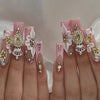 24pcs Rectangular Pink French False Nails with Flower Print, Shiny Rhinestone Metal Crown Design, Press-on Nails, Essential for Ladies' Party, Acrylic Press-on Nails with Jelly Glue 1pc and Scrubbing Strip 1pc