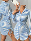Women's Casual Striped Long Sleeve Shirt Dress with Side Tie Waistband - Polyester Woven Polo Neck Dress for Spring/Fall - Adult Fashion Dress with No Details - For Women - Suitable for Casual Occasions - Perfect Gift for Fas