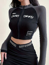 Zipper Front Collor Long-sleeved Sports Shirts, Ribbed Casual Crop Shirts, Women's Tops