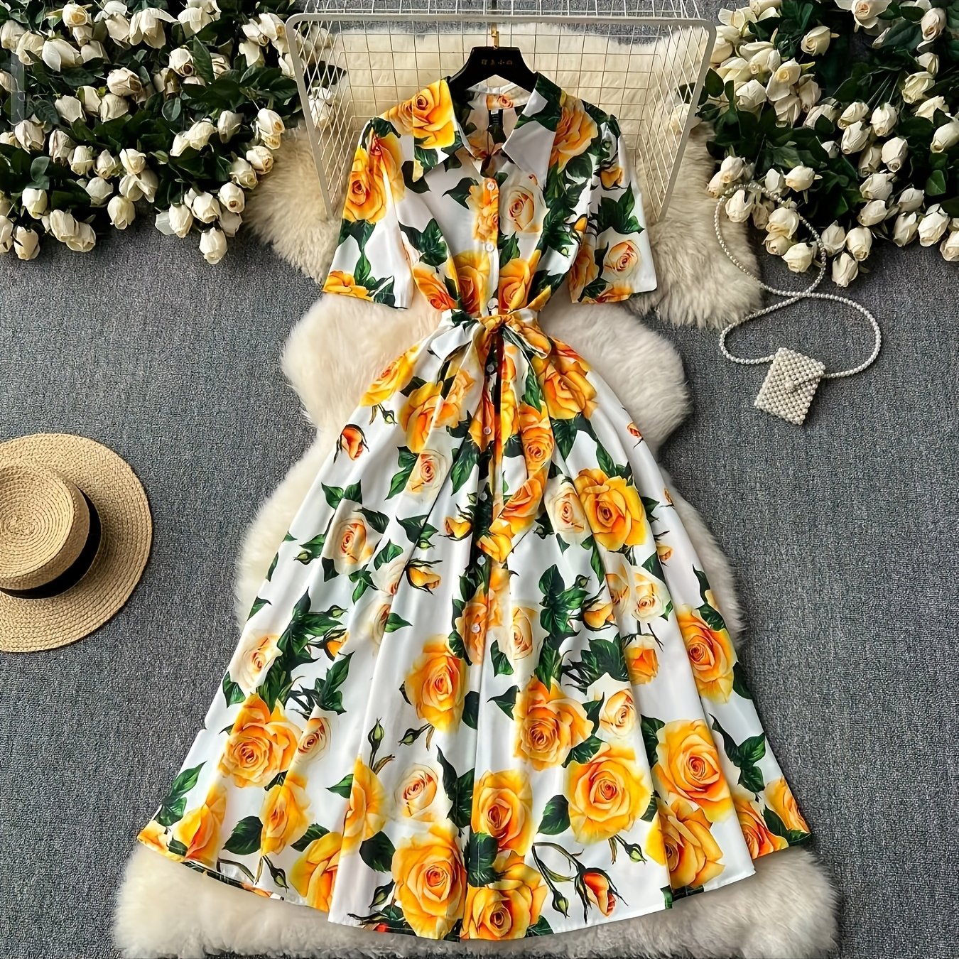Elegant Women'S Floral Print Dress with Short Sleeves, Lapel Collar, and Cinched Waist - Romantic Rose Design, Perfect for Spring Outings, Garden Parties, and Casual Events, Garden Party Dress | Floral Print Dress | Stylish D